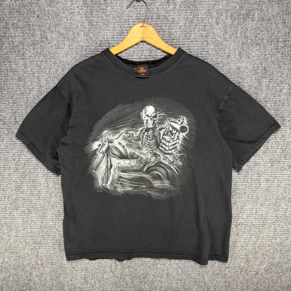 Hot Leathers Skeleton Biker Gun Graphic T-Shirt Mens Large Black